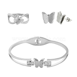 304 Stainless Steel Butterfly Stud Earrings & Finger Ring & Bangle, Jewelry Set for Women, Stainless Steel Color, 10x12x3.5mm, Pin: 0.8mm, US Size 7(17.3mm), Inner Diameter: 48x59mm(SJEW-TZ0001-01)