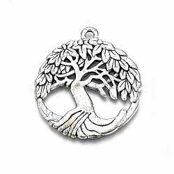 Tibetan Style Alloy Pendants, Lead Free & Cadmium Free, Flat Round with Tree of Life, Antique Silver, 34x30x1.5mm, Hole: 2mm, about 120pcs/500g(TIBE-S323-020AS-RS)