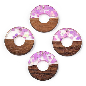 Transparent Resin & Walnut Wood Pendants, Donut/Pi Disc Charms with Heart Paillettes, Waxed, Violet, Donut Width: 13mm, 28x3.5mm, Hole: 2mm