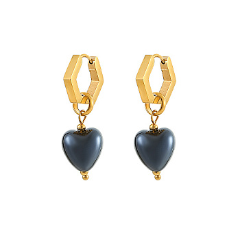 Golden 304 Stainless Steel Hoop Earrings, Ceramics Heart Drop Earrings, Prussian Blue, Pendant: 15x12mm