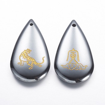 Non-magnetic Synthetic Hematite Pendants, Teardrop with Chinese Zodiac, Tiger, 36x20x6mm, Hole: 1.5mm