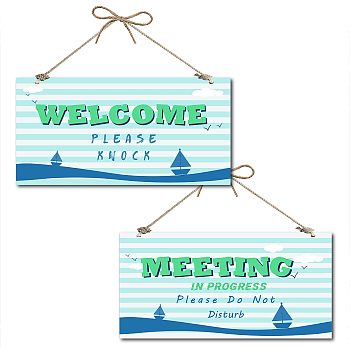 Printed Natural Wood Hanging Wall Decorations, for Front Door Home Decoration, Rectangle with Welcome Meeting, Colorful, Ship Pattern, 15x30x0.5cm