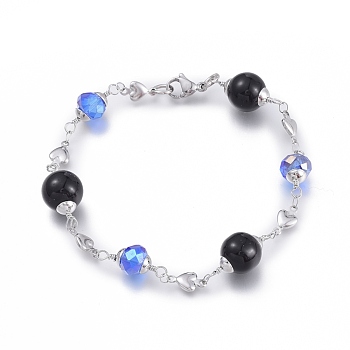 304 Stainless Steel Beaded Bracelets, with Glass Beads and Lobster Claw Clasps, Heart, Mixed Color, 8-1/4 inch(21cm)