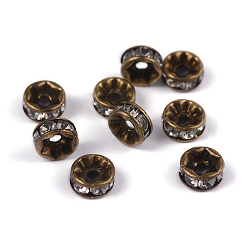 Brass Rhinestone Spacer Beads, Grade AAA, Straight Flange, Nickel Free, Antique Bronze Metal Color, Rondelle, Crystal, 6x3mm, Hole: 1mm