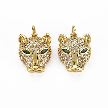 5Pcs Brass Micro Pave Clear & Green Cubic Zirconia Pendants, Nickel Free, Leopard Head Shape, Real 18K Gold Plated, 18x14x7.5mm, Hole: 3mm