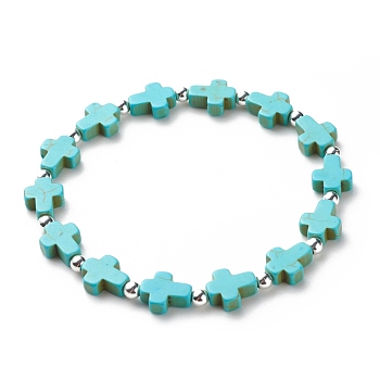Synthetic Turquoise(Dyed) Cross Beaded Stretch Bracelet, Religion Gemstone Jewelry for Women, Turquoise(Dyed), Inner Diameter: 2-1/4 inch(5.6cm)
