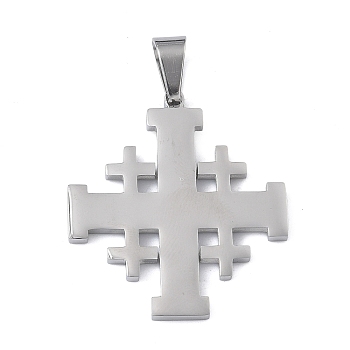 304 Stainless Steel Pendants, Jerusalem Cross Charm, Stainless Steel Color, 34.5x31.5x2.5mm, Hole: 7x4mm