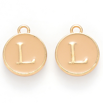 Golden Plated Alloy Enamel Charms, Cadmium Free & Lead Free, Enamelled Sequins, Flat Round with Letter, Wheat, Letter.L, 14x12x2mm, Hole: 1.5mm