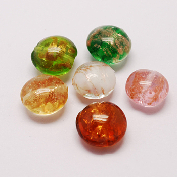 Handmade Gold Sand Lampwork Beads, Flat Round, Mixed Color, 12x8mm, Hole: 1.5mm