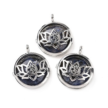 Natural Sodalite Locket Pendants, Flat Round Charms, with Platinum Plated Brass Lotus Findings, 31.5x27x9mm, Hole: 4.6mm
