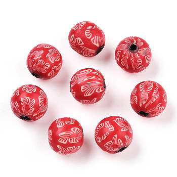 Handmade Polymer Clay Beads, Round with Flower Pattern, Red, 10mm, Hole: 1.5~2mm