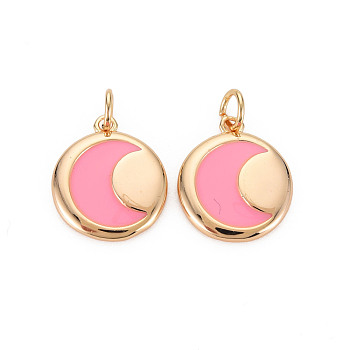 Brass Enamel Pendants, Nickel Free, Real 18K Gold Plated, Flat Round with Moon, Pink, 16x13.5x2mm, Hole: 3mm