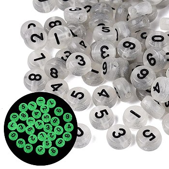 Luminous Transparent Acrylic Beads, Craft Beads, Flat Round with Number Pattern, Glow in the Dark, with Glitter Powder, Black, 7x3.5mm, Hole: 1.5mm, about 3333pcs/500g