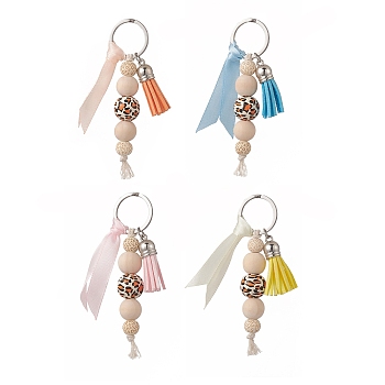 Cube & Round & Octagon Wooden Beaded Pendant Keychain, with Faux Suede Tassel and Ribbon, 304 Stainless Steel Key Ring, Mixed Color, 10.5cm