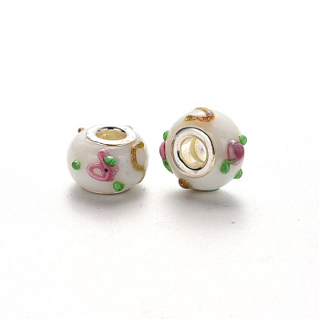 Handmade Lampwork European Beads, Large Hole Rondelle Beads, Bumpy Lampwork, with Glitter Powder and Platinum Tone Brass Double Cores, Floral White, 14~16x9~10mm, Hole: 5mm