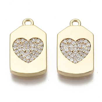 Brass Micro Pave Cubic Zirconia Pendants, Rectangle with Heart, Nickel Free, Real 18K Gold Plated, Clear, 17.5x10x2mm, Hole: 1.2mm