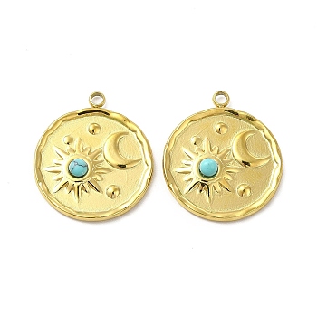 Natural Turquoise Pendants, Flat Round Charms with Moon & Star, with Vacuum Plating Real 18K Gold Plated 201 Stainless Steel Findings, 23x20x3.5mm, Hole: 1.8mm