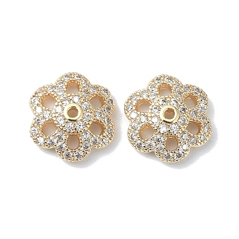 Brass Micro Pave Cubic Zirconia Bead Cap, Flower, Real 18K Gold Plated, 10x10.5x3mm, Hole: 1mm
