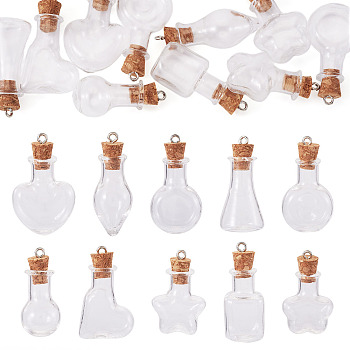 10Pcs 10 Styles Mini Transparent Bottle Pendants, with Wood Plugs, Mixed Shapes, 30.5~35.5x15.5~22x11~17mm Hole: 1.8mm, 1pc/style