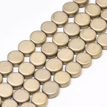 Electroplate Non-magnetic Synthetic Hematite Beads Strands, Matte Style, Flat Round, Light Gold Plated, 6x2.5mm, Hole: 1mm, about 71pcs/strand, 15.7 inch