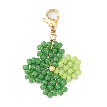Clover Glass Beaded Pendant Decorations, with 304 Stainless Steel Lobster Claw Clasps, Medium Sea Green, 39mm