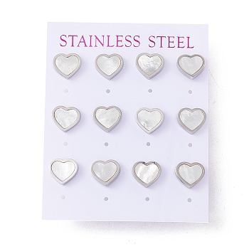 6 Pairs Natural White Shell Heart Stud Earrings, 304 Stainless Steel Jewelry for Women, Stainless Steel Color, 9x10mm, Pin: 0.7mm