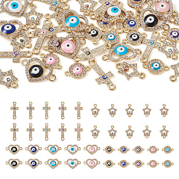 40Pcs 20 Styles Evil Eye Zinc Alloy Enamel Connector Charms, with Crystal Rhinestone, Light Gold, Flat Round & Heart & Star, Mixed Shapes, Mixed Color, 16.5~26x11~25x2~2.8mm, Hole: 1.5~2.2mm, 2pcs/style