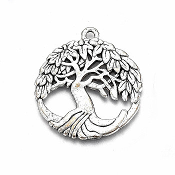 Tibetan Style Alloy Pendants, Lead Free & Cadmium Free, Flat Round with Tree of Life, Antique Silver, 34x30x1.5mm, Hole: 2mm, about 120pcs/500g