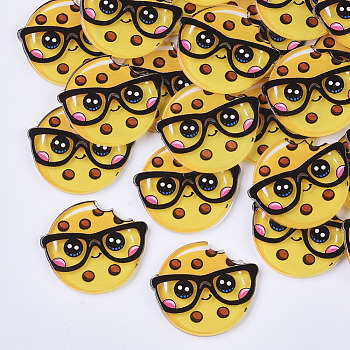 Plastic Cabochons, Smiling Face with Glasses, Yellow, 31x35.5x3mm