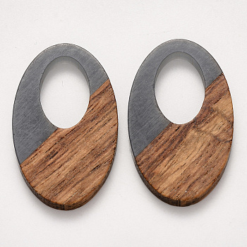 Transparent Resin & Walnut Wood Pendants, Waxed, Oval, Gray, 35.5x21.5x3~4mm, Hole: 16x10mm