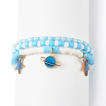 3Pcs 3 Styel Glass Seed & Polymer Clay Beaded Stretch Bracelets Set, Alloy Enamel Planet & Star Charms Stackable Bracelets for Women, Pale Turquoise, Inner Diameter: 2-1/8~2-1/4 inch(5.4~5.7cm), 1Pc/style