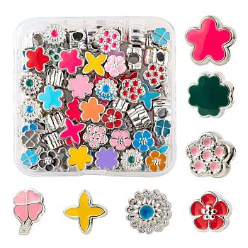 70Pcs 7 Style Flowers & Plants Series UV Plating Acrylic European Beads, with Enamel, Large Hole Beads, Clover & Letter X & Flower & Flower with Concave Dots, Mixed Color, 10.5~13x8.5~13.5x6.5~9mm, Hole: 4~5mm, 10pcs/style