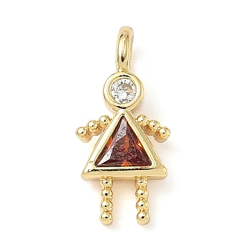 Brass Micro Pave Cubic Zirconia Pendants, Cadmium Free & Lead Free, Human with Triangle, Real 18K Gold Plated, Orange Red, 15x7x2.5mm, Hole: 2.5mm