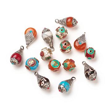 Tibetan Style Beads/Pendants, with Synthetic Turquoise, Synthetic Coral, Imitation Beeswax and Brass Findings, Mixed Color, 15~34x15~18x13~19mm, Hole: 2~4mm