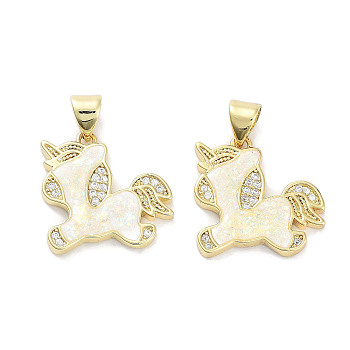 Brass Micro Pave Clear Cubic Zirconia Pendants, with Synthetic Opal, Real 18K Gold Plated, Unicorn Charms, White, 16.5x17x2mm, Hole: 4.5x3mm