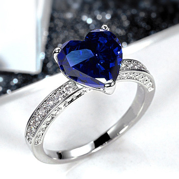 Brass Micro Pave Cubic Zirconia Finger Rings for Women, Heart, Platinum, Medium Blue, US Size 6(16.5mm)
