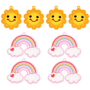 8Pcs 2 Style PVC Plastic Big Pendants, Rainbow & Sun with Smiling Face, Mixed Color, 50x61x14mm and 49x40x18mm, 4pcs/style