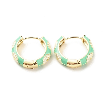 Daisy Flower Enamel Hoop Earrings, Gold Plated Brass Hinged Earrings for Women, Medium Spring Green, 20x22x5mm, Pin: 0.9mm