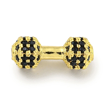 Brass Micro Pave Black Cubic Zirconia Beads, Dumbbell, Real 18K Gold Plated, 6.5x16.5x3.5mm, Hole: 1.8mm