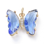 Brass Micro Pave Clear Cubic Zirconia Pendant, with Glass, Butterfly, Golden, Cornflower Blue, 15x19x4.5mm, Hole: 3.5mm(ZIRC-P079-B02-08)