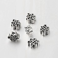 Tibetan Style Alloy Chinese Endless Knot Beads, Chinoiserie Jewelry Findings, Antique Silver, 9x11x5mm, Hole: 2.5mm(TIBEB-O004-57)