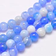 Natural Striped Agate/Banded Agate Bead Strands, Dyed & Heated, Round, Grade A, Cornflower Blue, 10mm, Hole: 1mm, about 39pcs/strand, 15.2 inch(387mm)(G-G962-10mm-13)