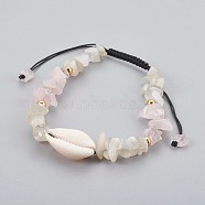 Natural Rose Quartz & White Moonstone Chip Braided Bead Bracelets, with Cowrie Shell, 1-7/8 inch~3-1/8 inch(4.7~8cm)(BJEW-JB04080-01)
