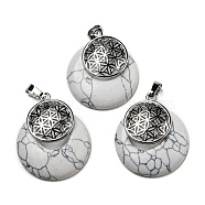 Natural Howlite Pendants, Spiritual Charms, with Platinum Tone Brass Findings, Flat Round with Flower of Life/Sacred Geometry, 32~32.5x28~30x7~7.5mm, Hole: 5x8mm(KK-F751-M-A17)