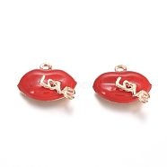 Valentine's Day Theme, Light Gold Plated Alloy Enamel Pendants, Lip with Word Love, Red, 14.5x18.5x6.5mm, Hole: 1.5mm(X-PALLOY-TAC0009-65)