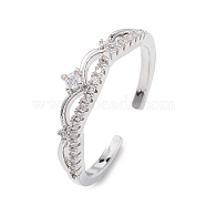 Clear Cubic Zirconia Crown Open Cuff Ring, Brass Jewelry for Women, Platinum, Inner Diameter: 17mm(RJEW-C056-01P)