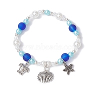 ABS Plastic Imitation Pearl Beads Stretch Bracelet, with Alloy Pendant and Elastic Crystal Thread, Tortoise, Inner Diameter: 2-1/2 inch(6.5cm)(BJEW-JB09742-01)