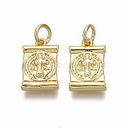 Brass Charms, with Jump Ring, Nickel Free, Rectangle with Saint & Cross, Real 18K Gold Plated, 14x9x2.5mm, Hole: 3mm(KK-R133-005-01G-NF)