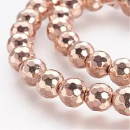 Non-magnetic Synthetic Hematite Beads Strands, Grade A, Faceted, Round, Rose Gold Plated, 8mm, Hole: 1.5mm, about 52pcs/strand, 15.1 inch(G-P218-35-LRG)