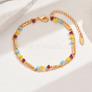 Fashionable Real 18K Gold Plated Brass Glass Double Layers Anklets for Women's Beachwear, Colorful, 8-1/8 inch(20.5cm)(HR3444-4)